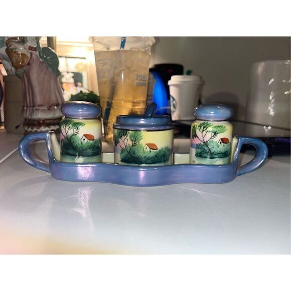 Vintage Lusterware condiment set. Made In Japan Blue Lusterware SP tray spn - Picture 8 of 11